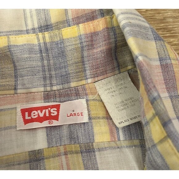 Vintage Levi's Mens L Pastel Plaid Short Sleeve Button Up Shirt Single Stitch - Picture 5 of 5